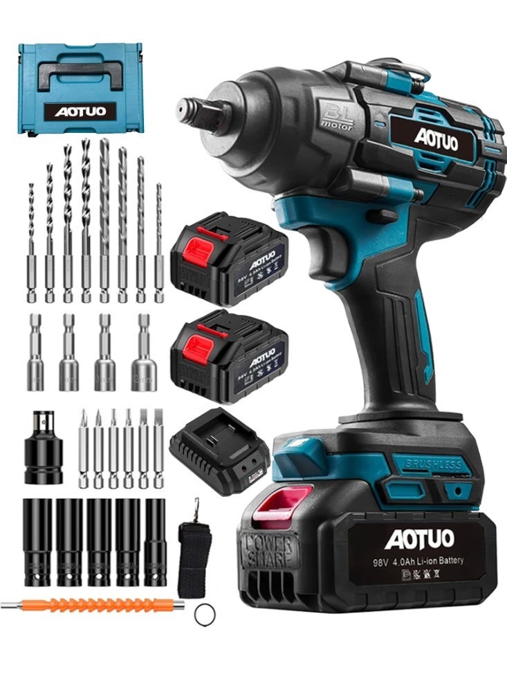 او تو او مجموعة مفاتيح ربط الصدمات المطورة من AOTUO مع خاصية الشحن السريع - مصدر الطاقة! عزم دوران 2000، أدوات كهربائية من AOTUO، مفتاح ربط صدمات يعمل ببطارية ليثيوم أيون 98 فولت بدون فرش، أداء عزم دوران عالٍ، مزود ببطاريتين 4.0 أمبير/ساعة - Image 1